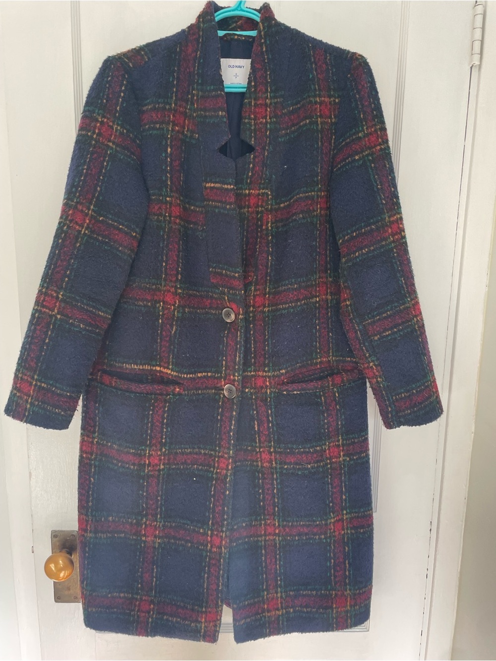 Old Navy Navy and Red Plaid Long Coat